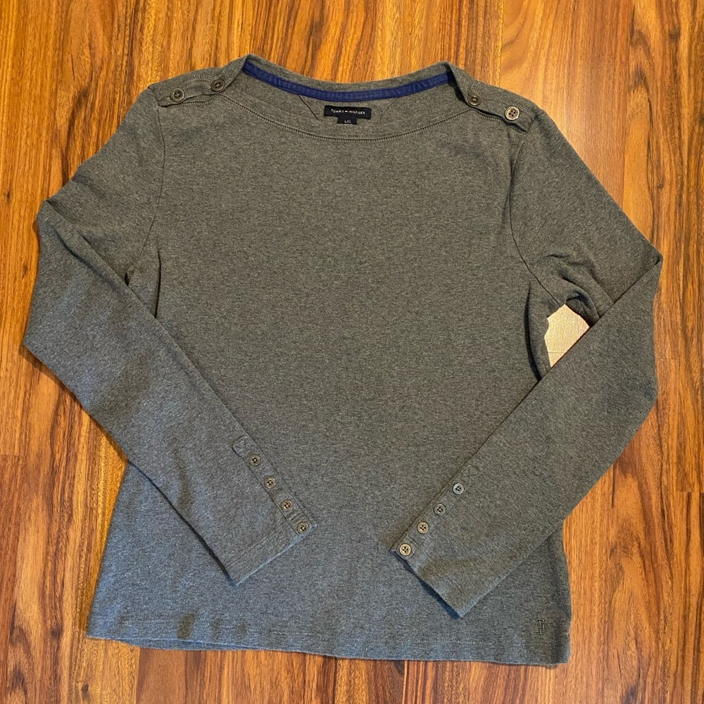 Tommy Hilfiger Charcoal Gray Button-Detail Crewneck Sweater